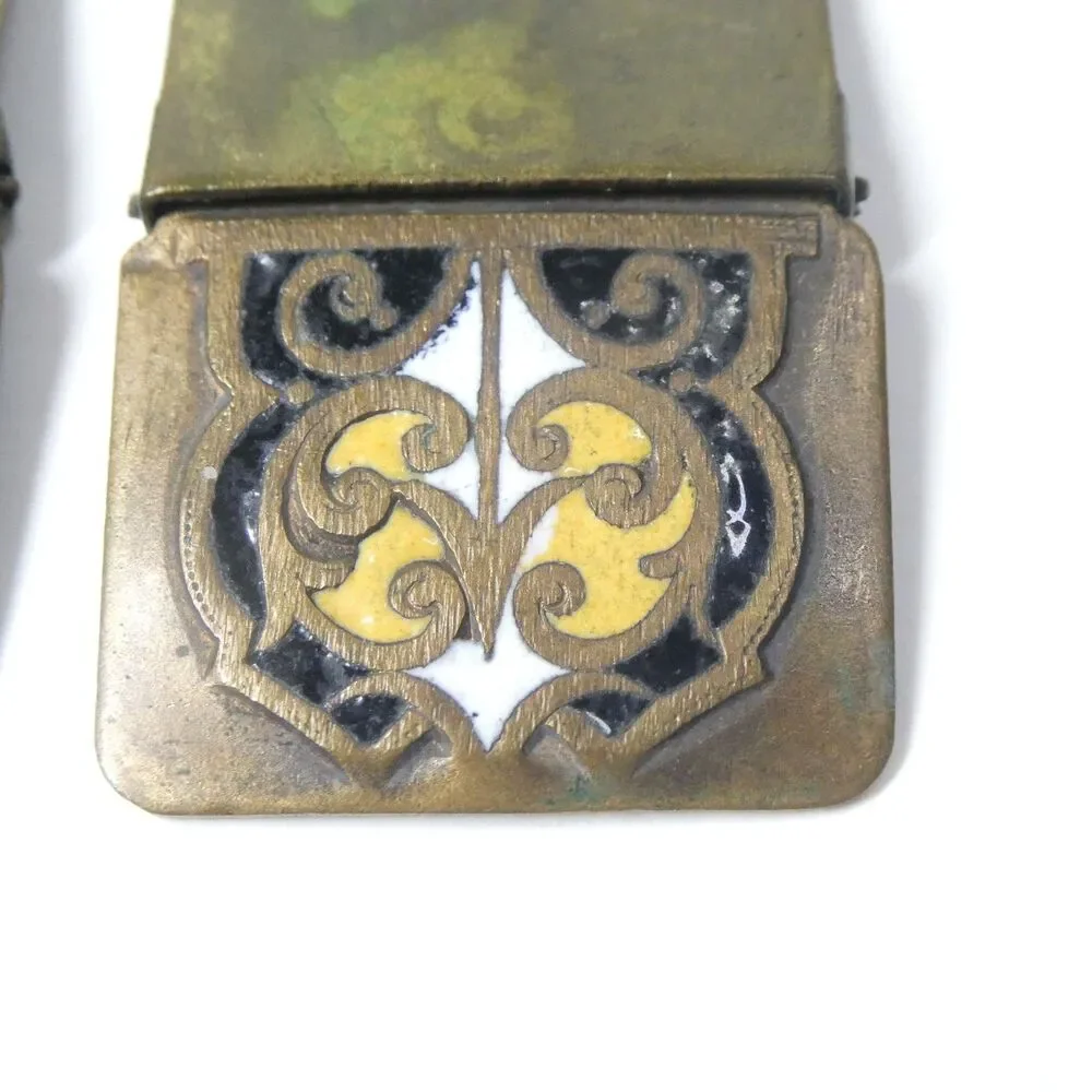 Enameled Brass Buckles Pair Black White Yellow Art Deco Vintage